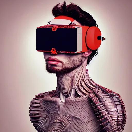 Image similar to Colour Caravaggio and Leonardo da Vinci style full body portrait Photography of Highly detailed Man with 1000 years old perfect face wearing highly detailed retrofuturistic VR headset designed by Josan Gonzalez. Many details In style of Josan Gonzalez and Mike Winkelmann and andgreg rutkowski and alphonse muchaand and Caspar David Friedrich and Stephen Hickman and James Gurney and Hiromasa Ogura. Rendered in Blender and Octane Render volumetric natural light