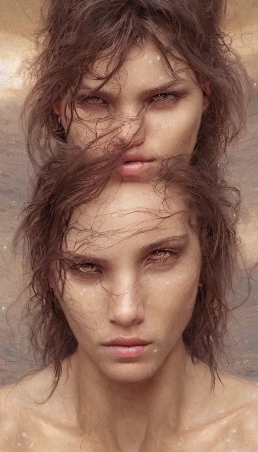 Image similar to epic masterpiece portrait sand legends, sweaty skin, hyperrealistic, octane render, cinematic, beautiful face and flawless skin, perfect hands, 5 fingers, ruby, by Edgar Maxence and Ross Tran and Michael Whelan, Legends of Runeterra