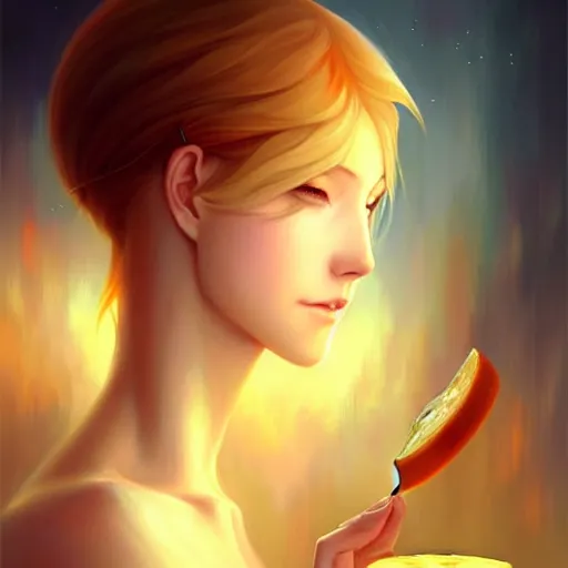 Image similar to beautiful painting of gouda cheese by charlie bowater, ross tran, artgerm, and makoto shinkai