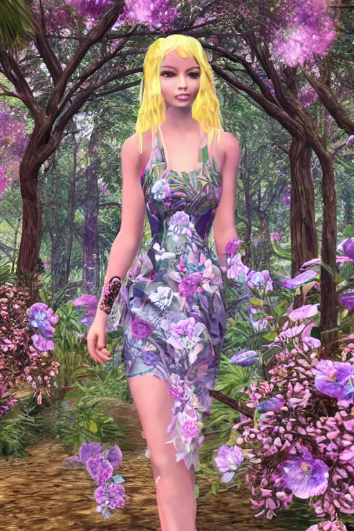 Prompt: beautiful blonde model wearing ornate floral valentino resort ss 2 0 1 6 dress in a 3 d psx rpg style, magical alien forest environment, fashion gameplay screenshot, highly detailed