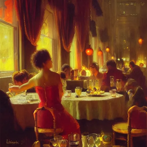 Prompt: The bustling restaurant by Delphin Enjolras and WLOP