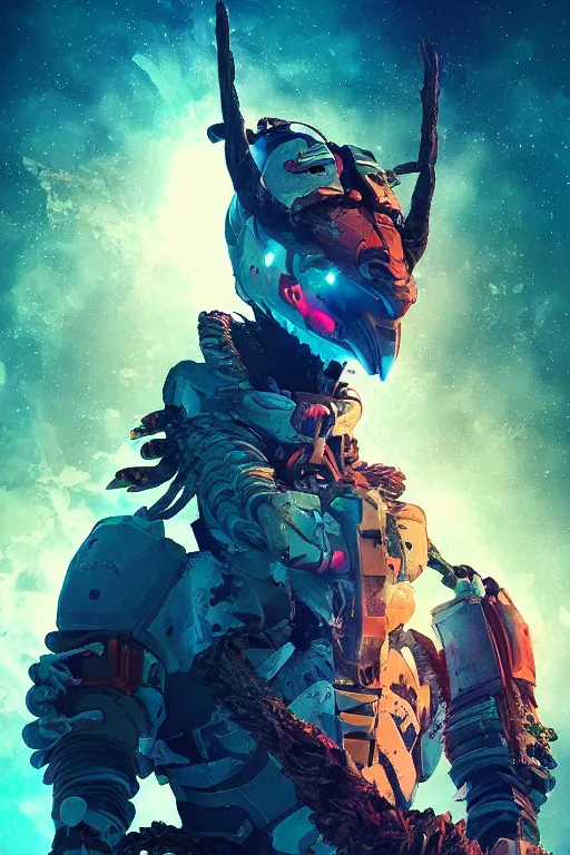 Image similar to strange creature in dead space space suit radiating a glowing aura horizon forbidden west horizon zero dawn global illumination ray tracing hdr fanart arstation by ian pesty and alena aenami artworks in 4 k tribal robot ninja mask helmet backpack