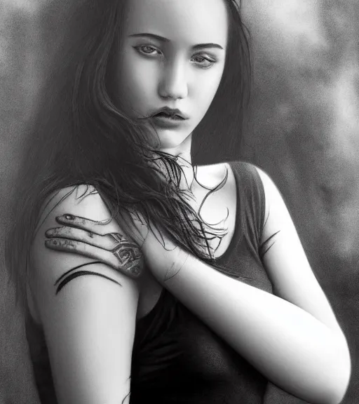 Image similar to a beautiful girl portrait, faded mountain background, realism tattoo, in the style of den yakovlev, black and white, hyper realistic, highly detailed