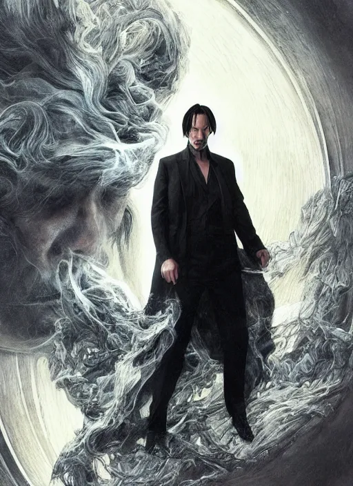 Image similar to keanu reeves as sandman, with fingers and hair turning into smoke, vertigo, shaved, pale skin!, fantasy, intricate, elegant, highly detailed, digital painting, artstation, concept art, wallpaper, smooth, sharp focus, illustration, art by artgerm and greg rutkowski and alphonse mucha