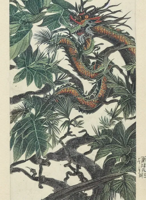 Image similar to vintage chinese dragon in a tropical forest, john james audubon, intaglio, sharp focus