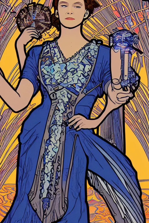 Image similar to delores from westworld in blue dress as a goddess of cyborg in alfons mucha style