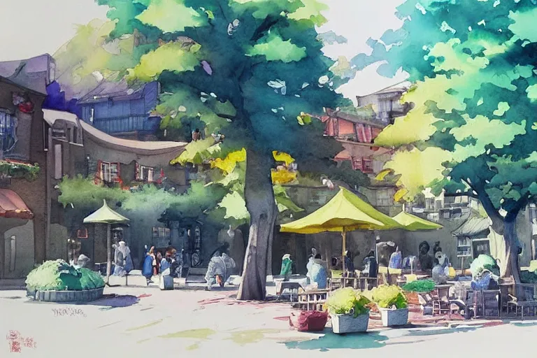 Prompt: watercolor townsquare in a sunny day, artwork by tooth wu, colorful high contrast,!! very coherent!!, dark shadow, thick lineart