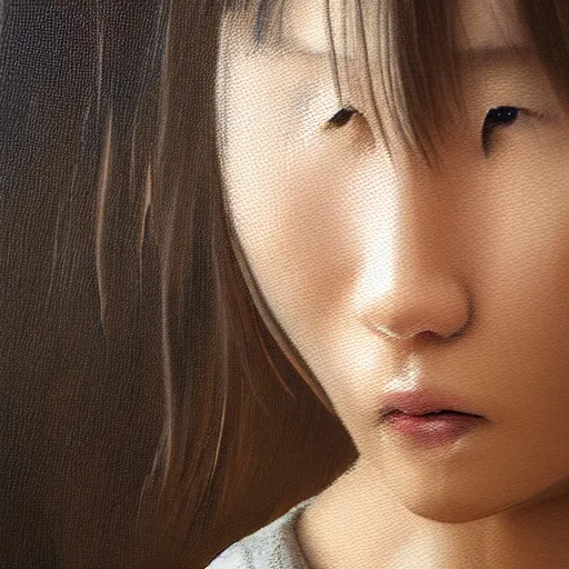 Image similar to a perfect, realistic professional oil painting in mannerism style, of a Japanese schoolgirl posing in a dystopian alleyway, close-up, by a professional American senior artist on ArtStation, a high-quality hollywood-style concept