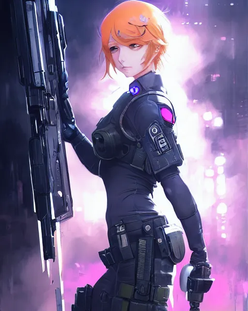 Image similar to nami, anime key visual of a young female swat officer, neon, cyberpunk, futuristic, white clothing, black vest, swat helmet, stunning, highly detailed, digital painting, smooth, soft focus, illustration, 4 k digital art from artstation by artgerm and greg rutkowski and alphonse mucha