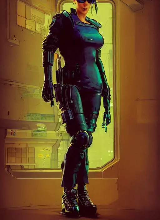 Prompt: cyberpunk police officer. portrait by stonehouse and mœbius and will eisner and gil elvgren and pixar. realistic proportions. cyberpunk 2 0 7 7, apex, blade runner 2 0 4 9 concept art. cel shading. attractive face. thick lines.