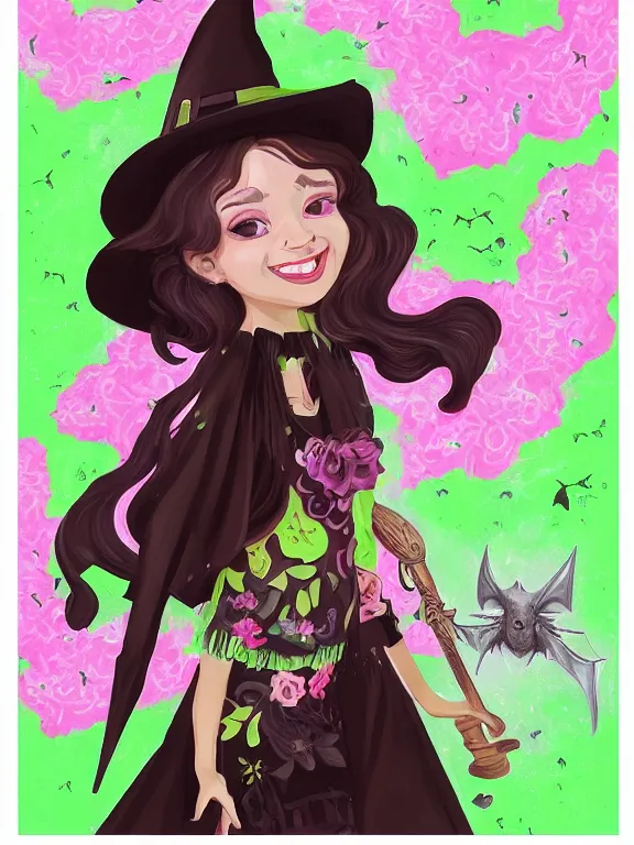 Image similar to Full shot of a cute mischievous young witch about to get up to some trouble with her playful bat familiar. Latin American fashion. Floral patterns. Swarm of Bats. Bat Wings. Black and Pink and Lime Green palette. Magic. Latina girl. brown skin. defined facial features, symmetrical facial features. Smiling. By Ruan Jia and Artgerm and Range Murata and WLOP and Ross Tran and William-Adolphe Bouguereau. Key Art. Fantasy Illustration. award winning, Artstation, intricate details, realistic, Hyperdetailed, 8k resolution.