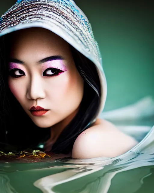 Image similar to medium closeup shot, flash long exposure photography of asian woman fashion posing in the lake by peter kemp, sharp focus, high details