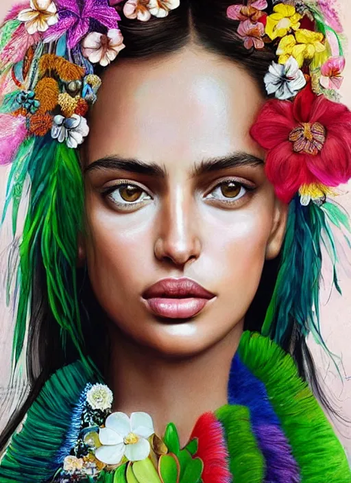 Image similar to beautiful portrait of Irina Shayk wearing fantastic Hand-dyed cotton dress,embellished beaded feather decorative fringe knots ,colorful pigtail,subtropical flowers and plants,symmetrical face,intricate,elegant,highly detailed,8k,post-processing,digital painting,trending on pinterest, GUCCI,vogue,concept art, sharp focus, illustration, by artgerm,Tom Bagshaw,Lawrence Alma-Tadema,greg rutkowski,alphonse Mucha