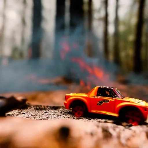 Image similar to macro photography of a toy hot wheels car driving through a forest fire, 3 5 mm