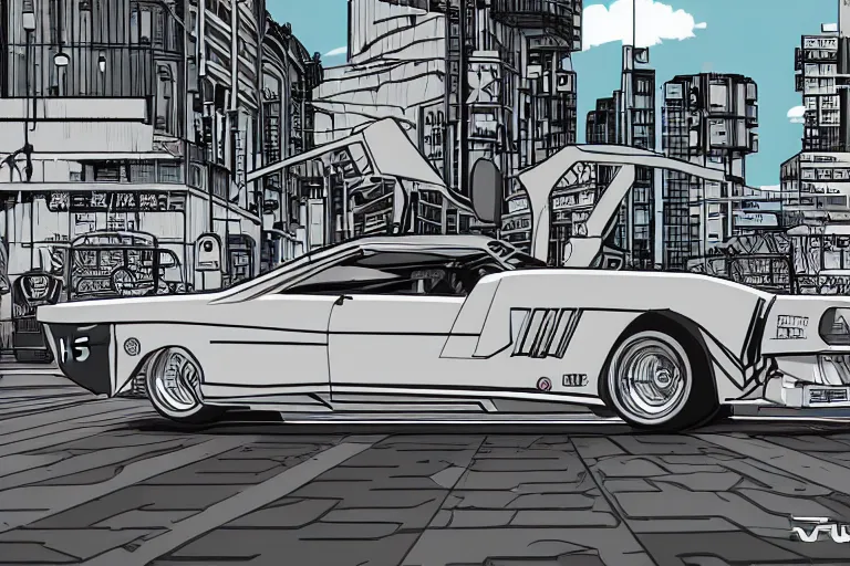 Image similar to 1965 Vector W8 Twin Turbo, city in anime cyberpunk style by Hayao Miyazaki