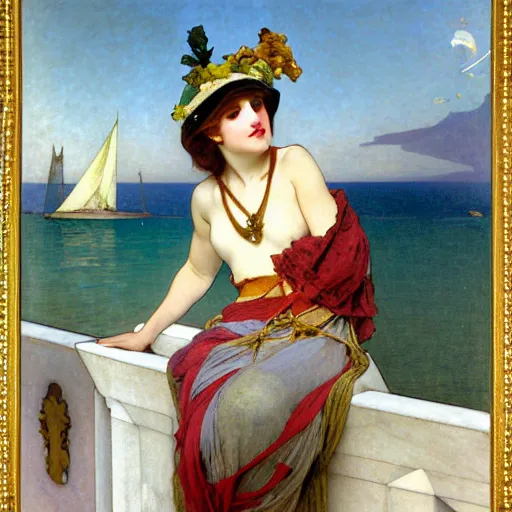 Image similar to A girl with jester hat and clothes on a greek archi circle on the front of a Balustrade with a beach and a sail boat on the background, major arcana clothes, by alphonse mucha and arnold böcklin arnold böcklin arnold böcklin, paul delaroche, hyperrealistic 8k, very detailed