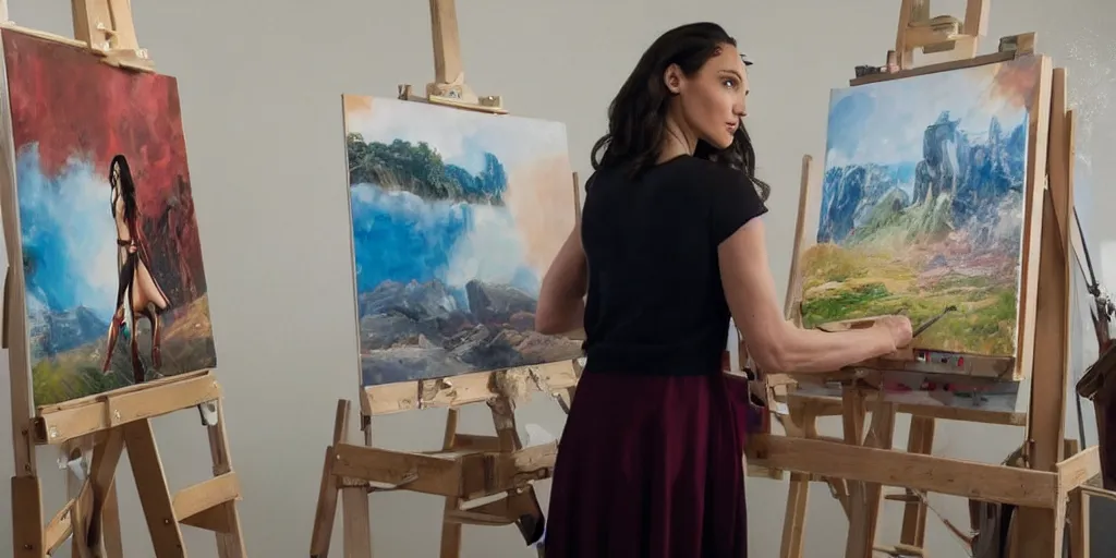 Image similar to gal gadot, stands at a her easel, dressed as wonder woman, paints beautiful landscape art, soft focus, long exposure