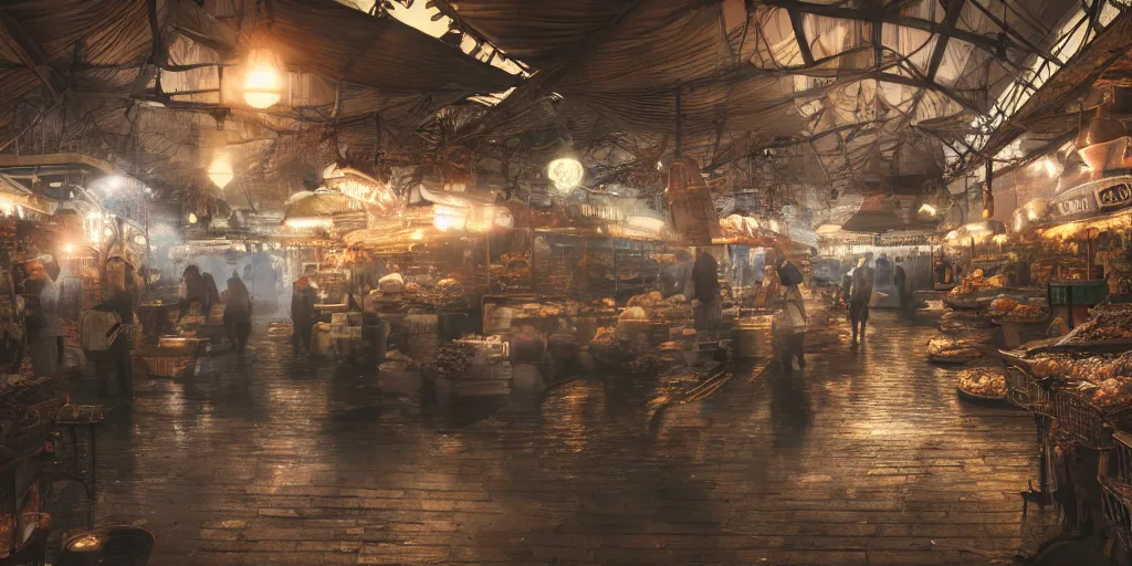 Prompt: seafood market, superwide angle, light through the mist, dramatic lighting, photorealistic, cinematic lighting, high detail, cinematic feel, high octane, 4K, Unreal Engine, digital render, intricate, ultra realistic
