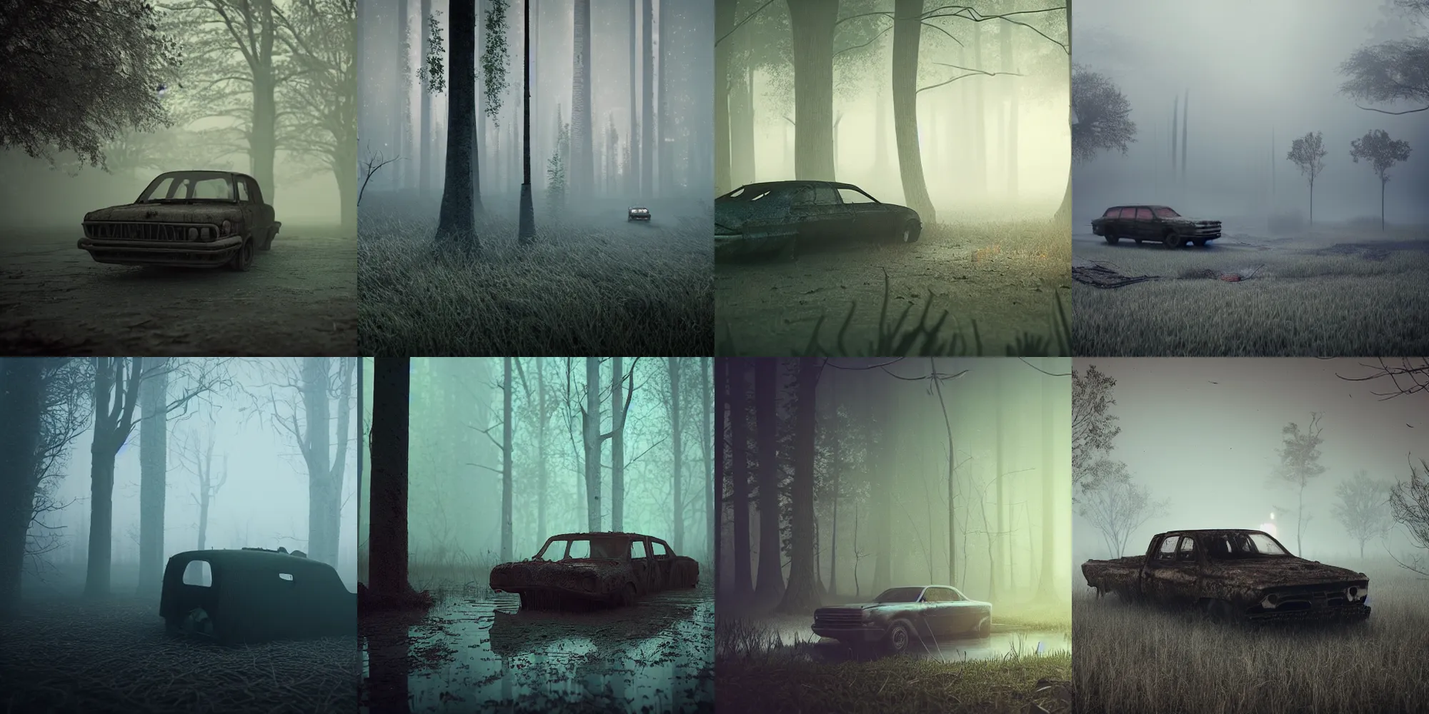 Prompt: beautiful dark creepy foggy swamp landscape, old abandoned car sinking, in the style of beeple and Mike Winkelmann, intricate, epic lighting, cinematic composition, hyper realistic, 8k resolution, unreal engine 5,