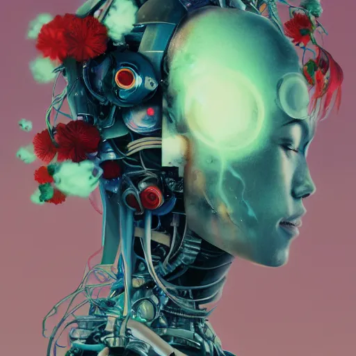 Prompt: surreal gouache painting, by yoshitaka amano, by ruan jia, by conrad roset, by kilian eng, by good smile company, detailed anime 3 d render of a mechanical android head with flowers growing out, portrait, cgsociety, artstation, modular patterned mechanical costume and headpiece, retrowave atmosphere