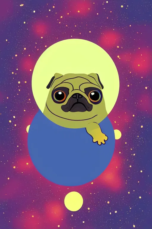 Prompt: planet pug floating in space, art by brian miller, sticker, colorful, illustration, highly detailed, simple, smooth and clean vector curves, no jagged lines, vector art, smooth