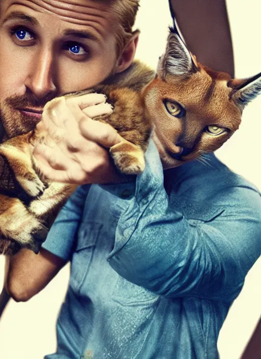 Image similar to Ryan Gosling holds a caracal cat in his hands, ultra highly detailed, elegant, artstation, octane render,