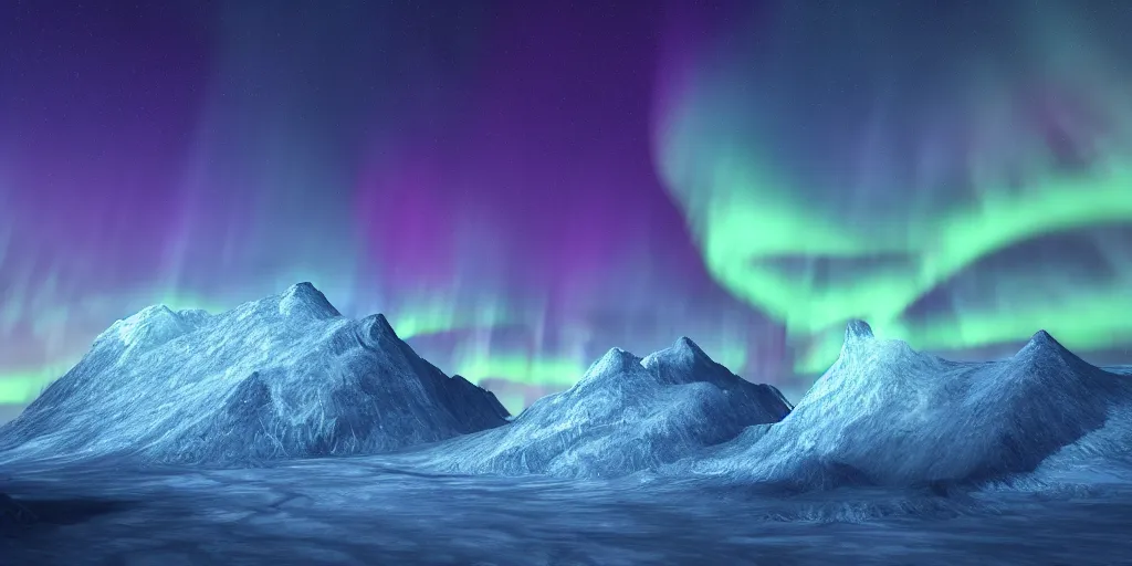 Image similar to icy mountain, icy buildings, glowing nacreous clouds, aurora borealis, cinematic lighting, atmospheric lighting, focus, ultra realistic, detailed, award winning, trending on artstation, unreal engine, digital art