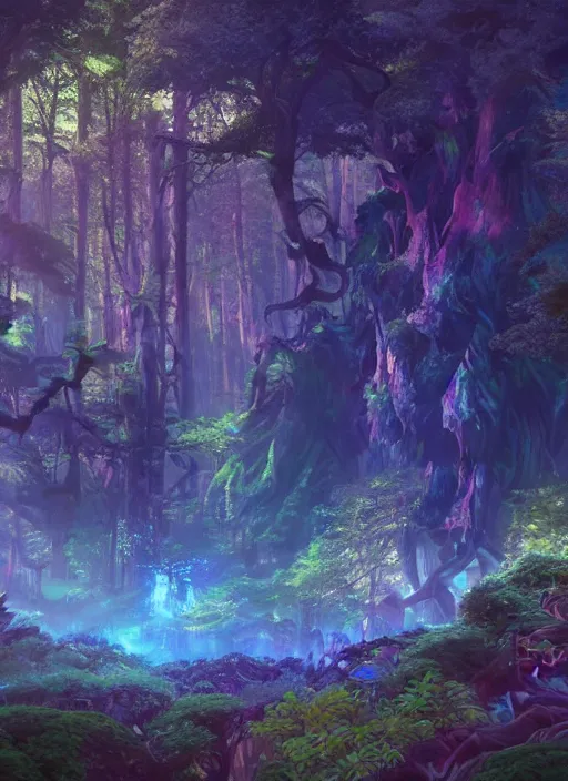 Image similar to glowwave drawing of humongous enchanted forest biome from genshin impact, au naturel, hyper detailed, digital art, trending in artstation, cinematic lighting, studio quality, smooth render, unreal engine 5 rendered, octane rendered, art style by klimt and nixeu and ian sprigger and wlop and krenz cushart.