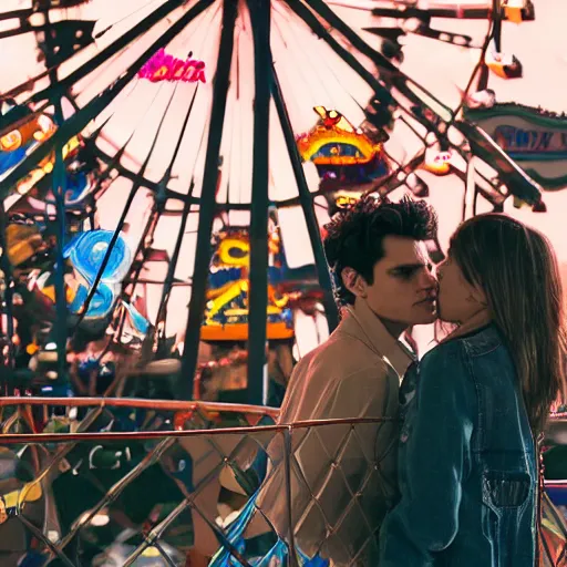 Prompt: john mayer on a ferris wheel making out with his model girlfriend in the middle of an amusement park. people have their families with them. it was the most awkward scene to ever happen to them. cinematic 8 k