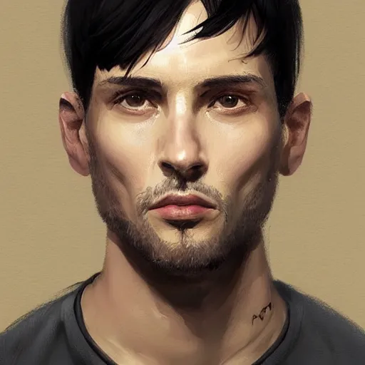 Prompt: portrait of a man by greg rutkowski, he is! about 3 0 years old, short black hair with bangs, his features are a mix between french, turkish and russian and he is wearing a beige and black utility jumpsuit, highly detailed portrait, digital painting, artstation, concept art, smooth, sharp foccus ilustration, artstation hq