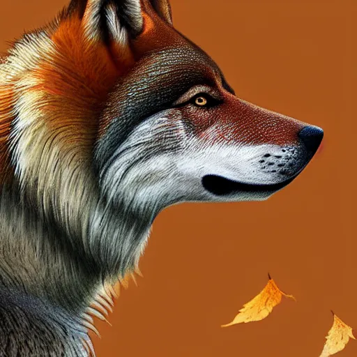 Image similar to professional digital art of a side profile of a tibetan wolf, tan and brown fur, fluffy, falling leaves, hd, 8 k, highly detailed, high quality, cute