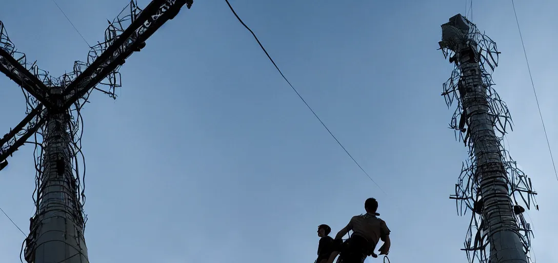 Prompt: Wireless Internet technician looking up from the base of a giant telecommunications tower covered in wireless antennas, getting ready to climb and replace radio. Post apocalypitic landscape, dystopia. Roger Deakins Cinematography, james gurney, james jean, greg rutkowski, anato finnstark. hyper detailed, 35mm, hazy atmospheric lighting volumetric