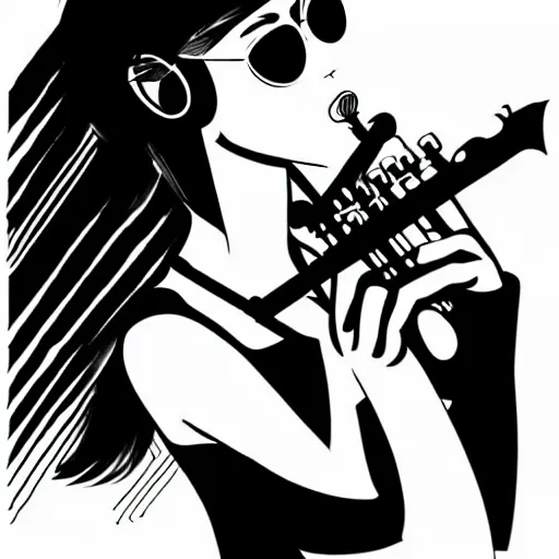 Image similar to an ink drawing of a tech punk girl playing the saxophone by ilya kuvshinov, black and white, white outline, high contrast