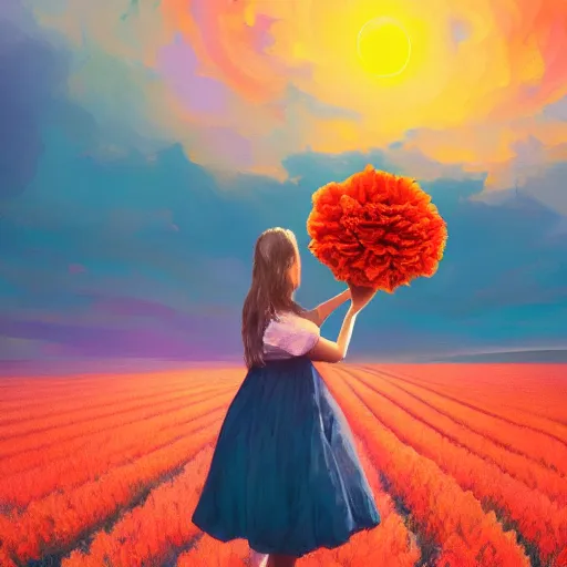 Image similar to girl with a giant carnation head, surreal photography, flower field, sunset dramatic light, impressionist painting, colorful clouds, blue sky, digital painting, artstation, simon stalenhag