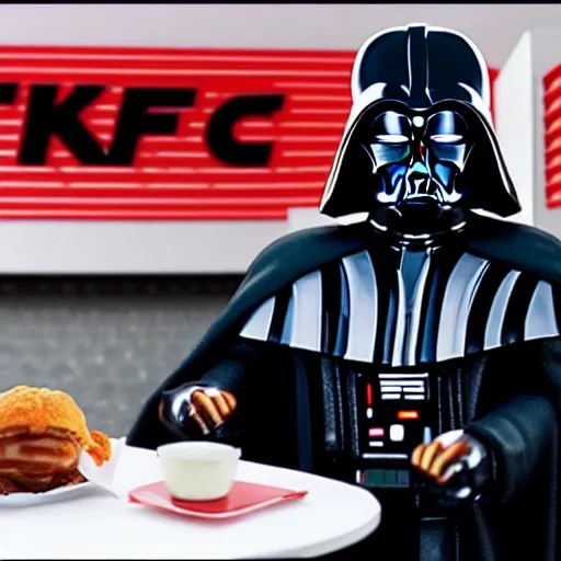 Image similar to A still of Darth Vader eating at KFC, 4k, photograph, ultra realistic, highly detailed, professional lighting