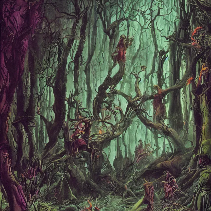 Image similar to a scene of an opening in a dark fantasy forest with colored fantastical beings. dark black surroundings. hyperrealist illustration. muted colors. 1 9 7 0's science fiction and fantasy cartoon. richly colored painting by don ivan punchatz.