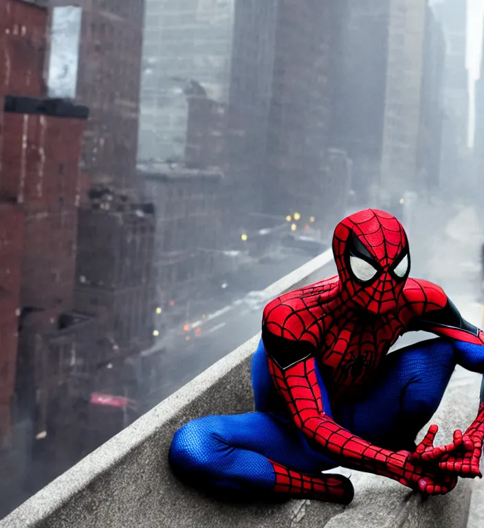 Image similar to cinematic still of spiderman homeless