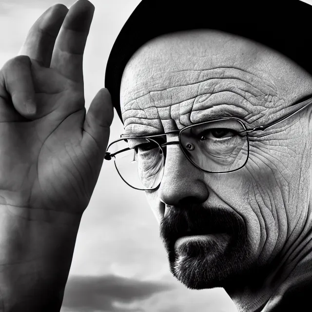 Image similar to walter white, black and white, staring at camera, 4 k