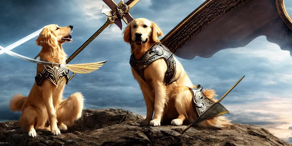 Image similar to golden retriever in medieval armor with wings and sword fighting against samurai cat in japanese samurai armor with catana, photorealistic ultra detail quality shot from james cameron movie