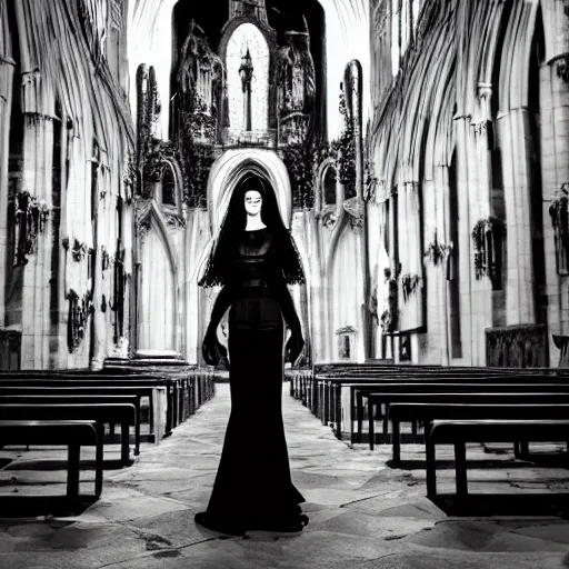 Image similar to a gothic woman in a necro giger church, professional photo shoot photography