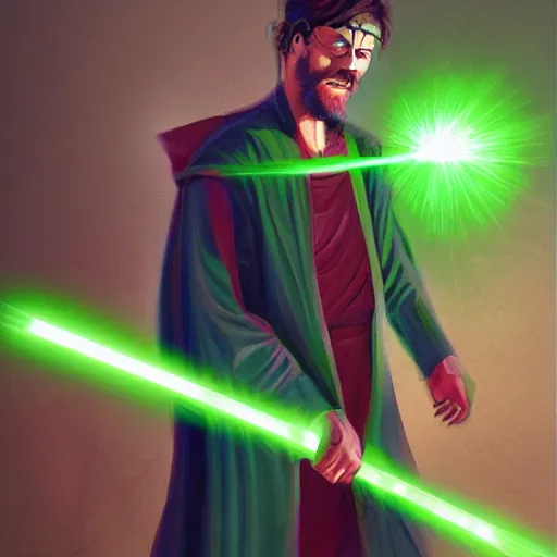 Image similar to A man in robes wielding a green laser sword painting, portrait, trending on artstation