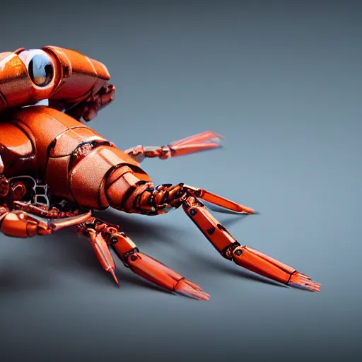 Image similar to a robotic shrimp, god, evil, villain, studio, studio background, sharp focus, dynamic lights, still, photograph, hyper realistic, masterpiece, digital, octane render, rendered, 3 d, blender, 3 d software, cinematic, cinematic lighting, dramatic lighting, dramatic, highly detailed, intricate details, texture, slime, cinematic composition