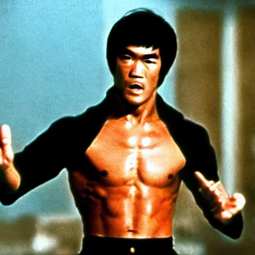 Prompt: never seen , photograph of Bruce Lee in movie enter the dragon