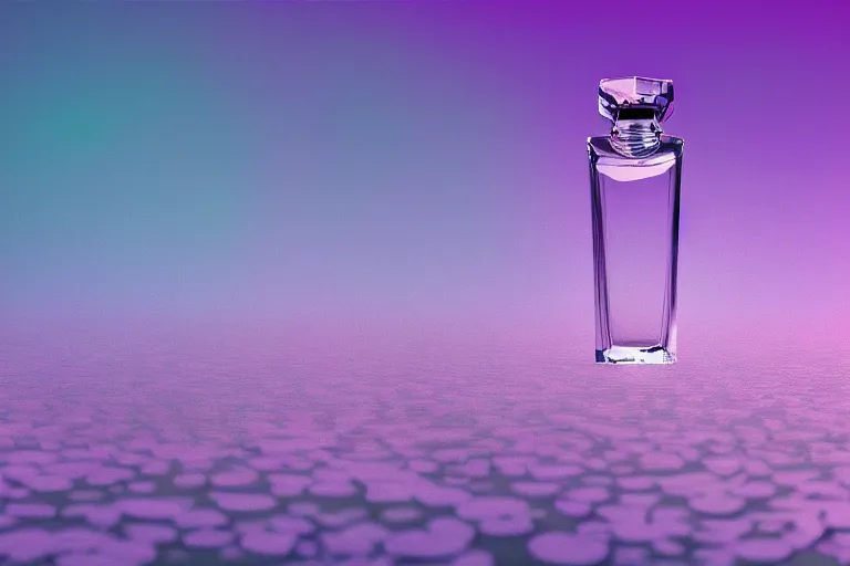 Image similar to perfume bottle close shot, sharp focus, global illumination, standing on lilipads in a cool blue frosted pond, dramatic, mid day, lilac aurora borealis background, soft lilac skies, large scale, hyperrealistic, lots of detail, realistic lighting, octane render, by wlop, artgerm, trending on artstation