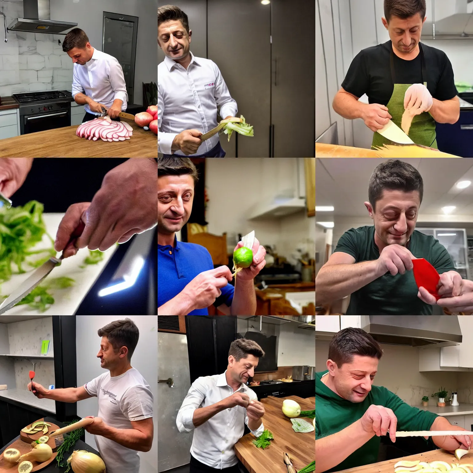 Prompt: Zelensky slicing an onion with a big knife, big tears are filling his eyes and running down his face