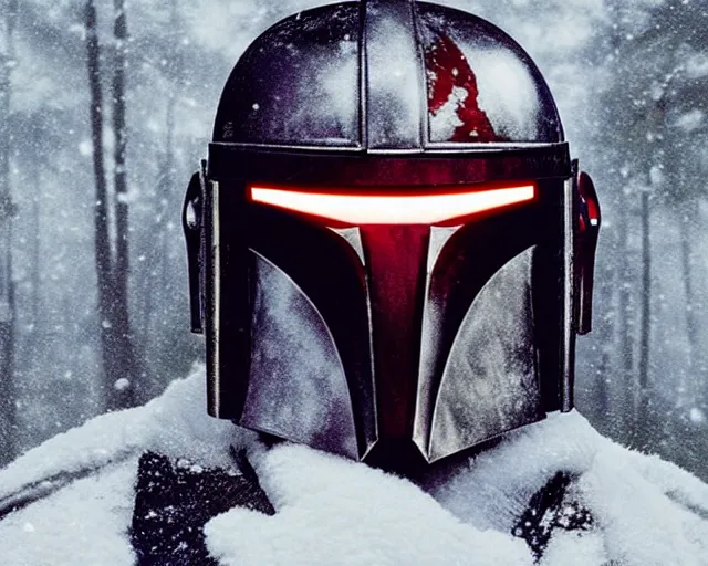 Prompt: a mandalorian with a red and grey helmet headbutts in the head a brown - haired man from side view close up, in a snowy forest setting, hard edges concept art, highly detailed, great cinematic lighting, 8 k, depth of field, 3 d, art by greg rutkowski, trending on artstation, cinematographic shot