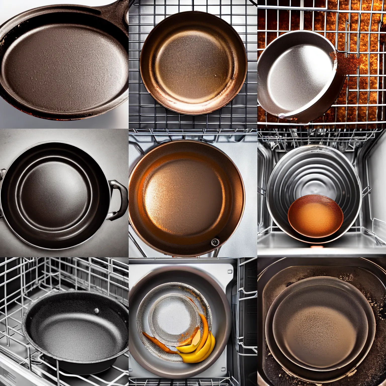 Prompt: Rusty frying pan on the inside of a dishwasher, professional photography, studio lighting, wide FOV