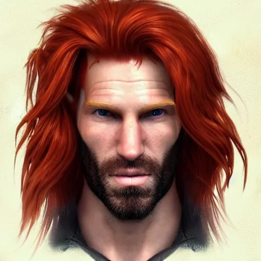 Image similar to portrait of a ruggedly handsome!!!!! male ship captain with long red hair!!!!!!, 30 years old, upper body, wavey hair, leather coat, friendly, playful, D&D, hairworks, Unreal 4, fantasy, elegant, highly detailed, digital painting, hairworks, deviantart, artstation, concept art, sharp focus, dramatic lighting, illustration, art by Artgerm and Greg Rutkowski and Alphonse Mucha