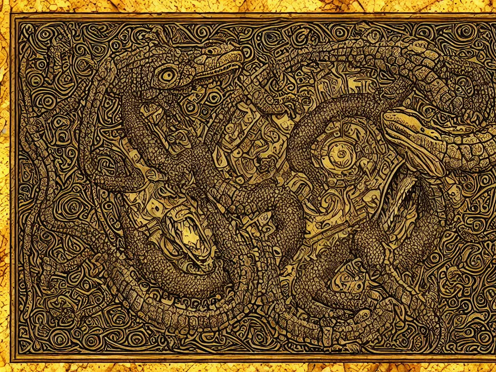 Image similar to mayan book decorative border frame, crocodile illuminations, d & d, fantasy, intricate, elegant, highly detailed, digital painting, artstation, illustration, hearthstone