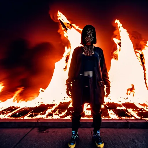 Image similar to Candid extreme wide shot of a poor techwear mixed woman with short hair and tattoos outside of a futuristic Los Angeles on fire, cyberpunk, 4k, extreme long shot, desaturated, full shot, action shot, motion blur, depth of field, sigma 85mm f/1.4, high resolution, 4k, 8k, hd, full color, award winning photography, war photography